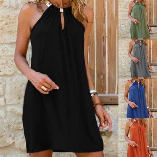 Womens Sexy Round Neck Sleeveless Dress Ladies Casual Office Skirt Soild Color Party Clothing Summer 2021