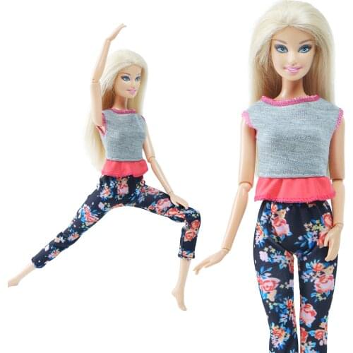 BJDBUS 1 Set Fashion Yoga Outfit Vest Flower Pattern Trousers Pants Clothes for Barbie Doll Accessories Sport Style Girls Toys