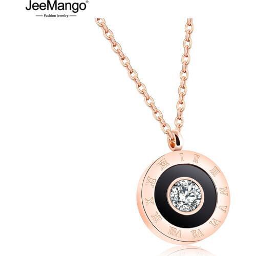 JeeMango Rose Gold CZ Crystal Roman Numeral Pendant Necklace For Women Stainless Steel Link Chain Black Acrylic Necklace JN19106