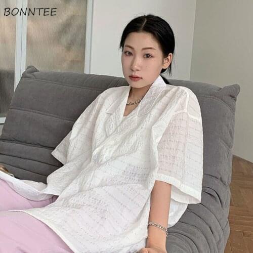 Long Shirts Women Solid Summer New Notched Korean Style Loose All-match Casual Thin Fashion Trendy Mujer Soft Leisure Design Ins