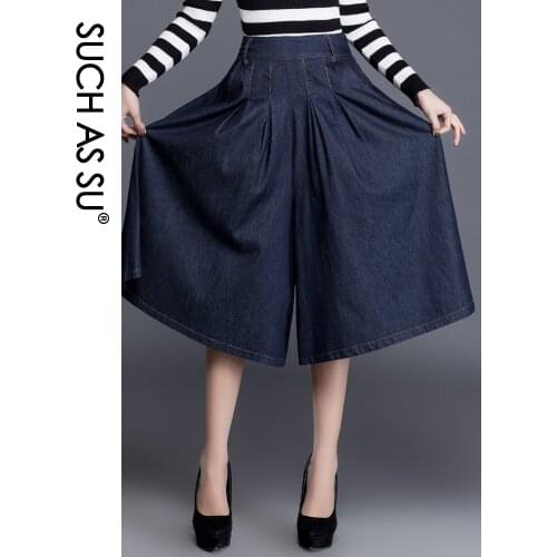Denim Blue Women Wide Leg Pants 2021 Spring Summer Sexy Mid Long Culottes Pants Elastic Waist Large Size Female Loose Pants