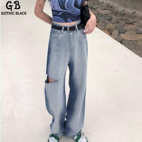Gothblack Pants Gradient Ripped Wide Legged Straight Loose Jeans Hollow Out Panelled Summer Casual Fashion Streetwear Women