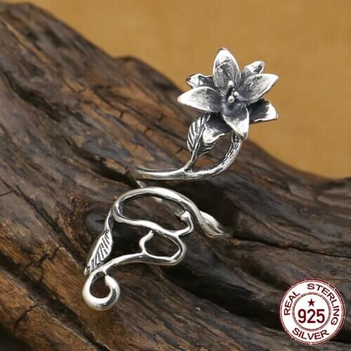 100% S925 sterling silver ladies ring personality fashion classic jewelry retro style carved Chinese style flower branch new hot