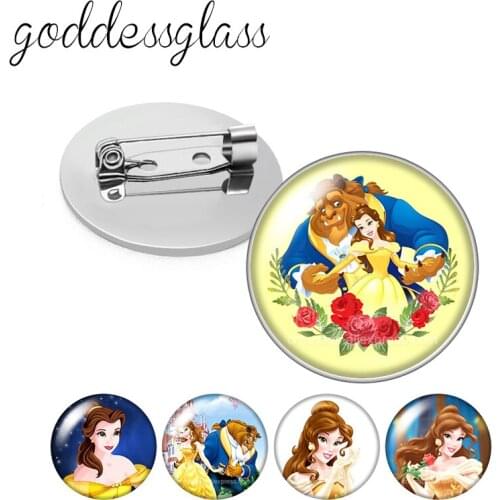 Disney Beauty and the beast Princess Belle Round Glass cabochon Silver color Brooch Dome Photo Jewelry Brooches Pin For Gift