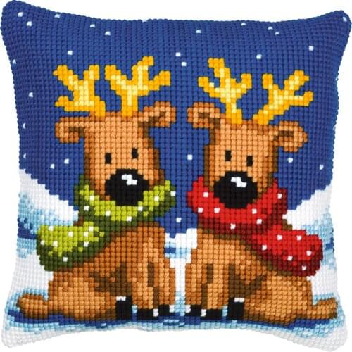 DIY Cross Stitch Cushion Cover Reindeer Twins Needlepoint Kit Printed Canvas Chunky Yarn Cross-stitch Pillow Case Arts & Crafts