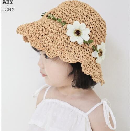 Summer Baby Straw Hat Hand Made Hollow Flower Bow Children Girl Panama Cute Sweet Breathable Sunscreen Bucket Beach Sun Hats