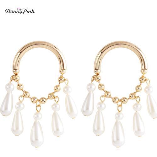 Banny Pink Chic Layer Imitation Pearl Waterdrop Statement Studs Earrings Wedding Pendant Post Earrings Geo Round Earrings Brinco