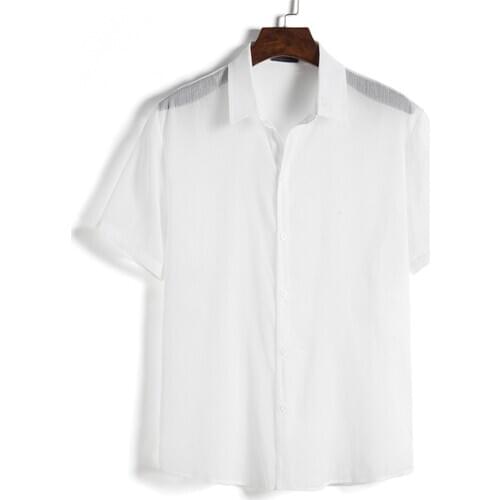 2020 Summer New Sexy Mens Shirts Shortsleeve Transparent Linen Shirts For Male Casual Outwear Holiday Clothing Man Fashion Tops