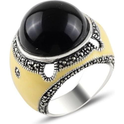 Silver 925 Sterling Marcasite Stone & Enamel Ring