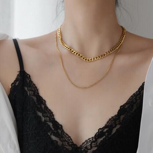 TIMEONLY Minimalist Double Layering Hollow Choker Neckalce Chunky Cuban Chain Sweater Neckalces for Women Ladies Accessories