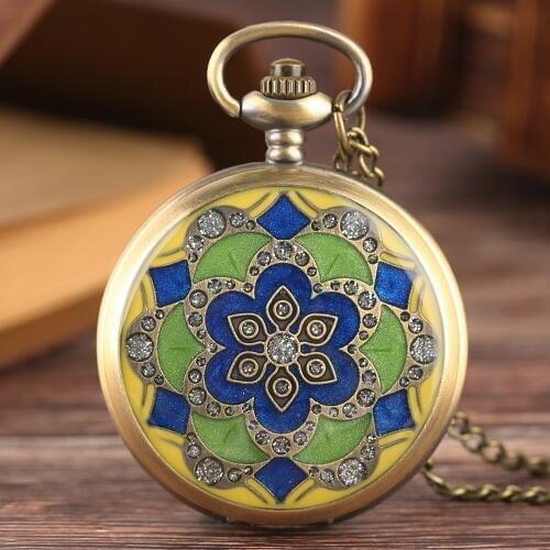 Vintage Green Blue Epoxy Jade Flower Pocket Watch Women Ladies Girls Necklace Pendant Chain Crystal Clock Birthday New Year Gift
