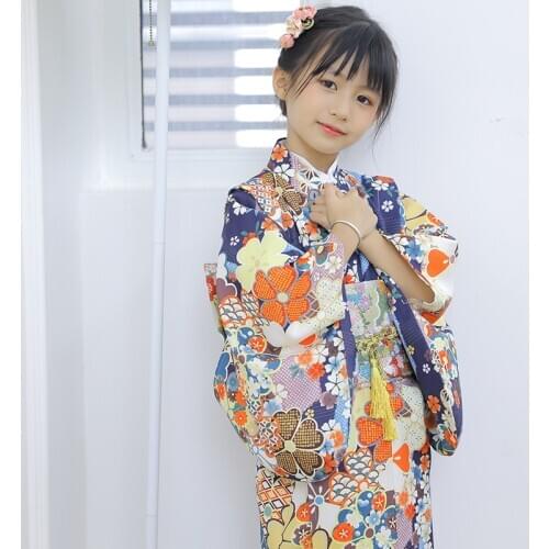 Japanese Childrens Kimono Girls Yukata Dress Performance Costume Cotton Sakura Printed For Kids Cosplay Dance Clothes ZH113