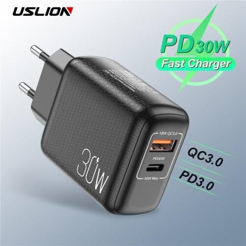 USLION Quick Charge 4.0 3.0 QC PD Charger 30W QC4.0 QC3.0 USB Type C Fast Charger for iPhone 12 X Xs 8 Xiaomi Phone PD Charger