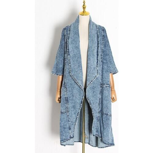 Female Clothing Overcoats 2021 Tide Vintage Denim Women Windbreaker Lapel Collar Half Sleeve High Waist Trench Coat Blue Outwear