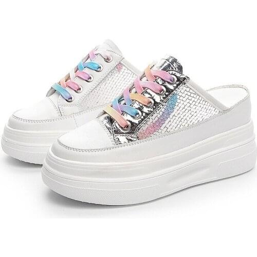 Koznoy Women Summer Shoes Slippers White Genuine Leather Air Mesh Breathable Platform Wedge Heel Mules Shoes Chunky Footwear