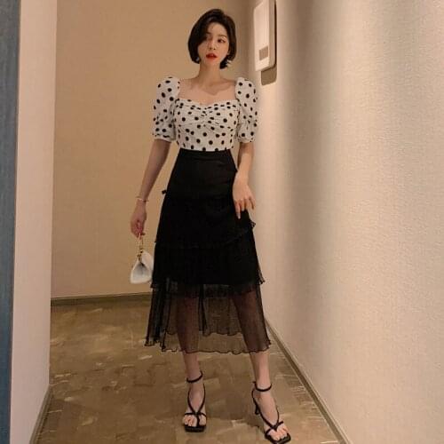 New arrival fashion women clothing sets summer elegant vintage dot puff sleeve square collar temperament skirt and top two sets