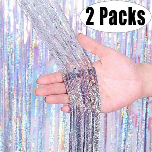 2Pack 2x1m Silver Laser Metallic Foil Tinsel Fringe Curtain Birthday Wedding Bachelorette Party Decoration Photography Backdrop