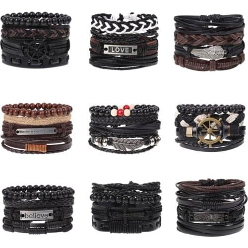 60sets/lot Rope Leather Bracelet Sets Vintage Handmade Bracelet Bangles Wrisband Retro Punk Style Mens Jewelry Wholesale