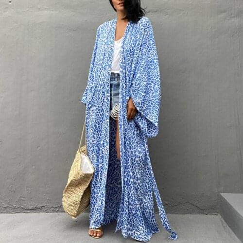 70% 2021 Womens Beach Cover Dress Hot Sell Long Robe Strapless Skin-friendly Blue Vintage Oversize Leopard Pattern Cardigan