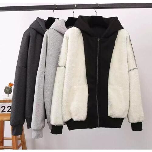 AECU Winter Women Hoodies Sweatshirt Plus Velvet Thick Zipper Sweatshirt Top Imitation Lamb Wool Jacket Women Solid Hoodies
