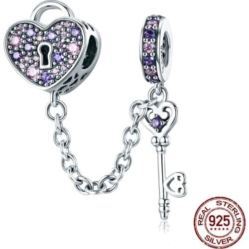 Auffik fit original bangle & bracelet charm 925 sterling silver heart shaped key safety chain pendant DIy jewelry beads