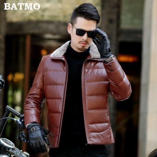 Batmo 2019 new arrival winter high quality PU 90% white duck down wool fur collars jackets men,mens brown leather coat 801