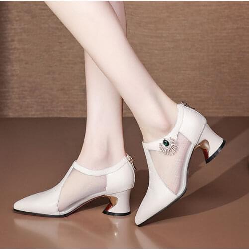 2021 Fashion Mesh Boots Woman Summer Shoes Women Mid Heels Sandals Boot Pointed toe Mixed color Footware Female BEIGE BLACK