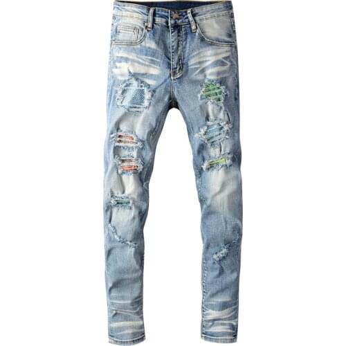 New mens male trousers High street fashion casual brand light-colored ripped patch jeans young stretch slim slim denim pants
