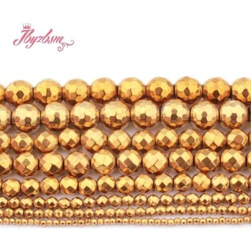2/3/4/6/8mm Natural Gold Hematite Round Faceted Stone Beads For DIY Necklace Bracelet Jewelry Making Strand 15" Free Shipping