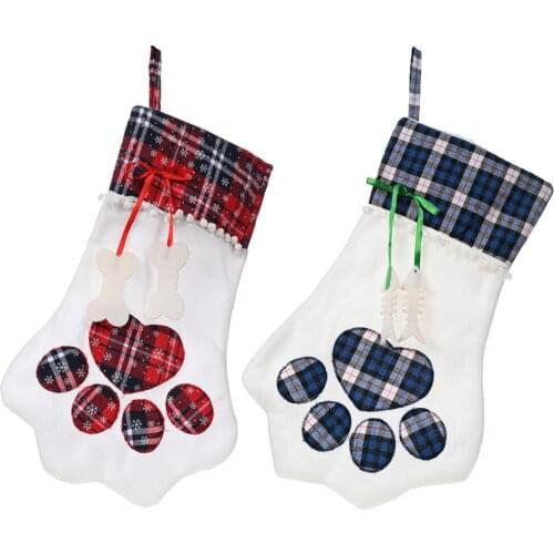 Hot Sale Christmas Cat Stocking 100pcs/lot Xmas Pet Dog Plaid Paw Stocking Tree Decoration Socks Fast Shipping