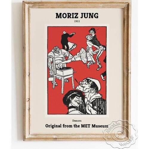 Moriz Jung Exhibition Museum Art Prints Poster, Dancers Black White Sketch Wall Stickers, Vintage Cartoon Figure Home Gift Decor