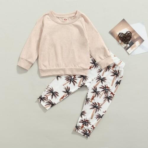 Baby Girls Boys Clothing Set Solid Long Sleeve Top + Coconut tree Print Trousers Infant Fall Outfits Newborn Clothes Sets
