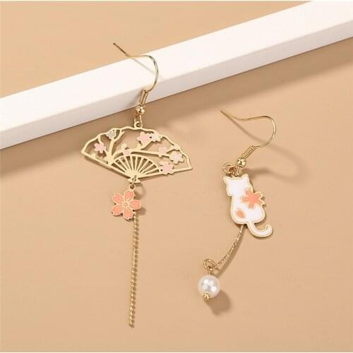 Chinese Wind Cute Long Asymmetrical Earrings Personality Retro Fan Shape Charm Jewelry Woman Creative Valentines Day Gift