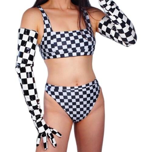 LATEX LONG GLOVES Faux Shine Patent Leather 28" 70cm Black White Checkered Women Long Leather Gloves WPU215