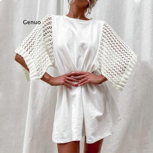 Summer Basic White Mini Dress o Neck Knitted Hollow Out Patchwork Half Sleeve Chic Casual Classic Dress