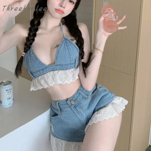 Summer Sexy Womens Beach Sweet Denim Suits Plaid Lace Patchwork Denim Vest + Shorts Two Piece Set Fashion Sexy Denim Suits
