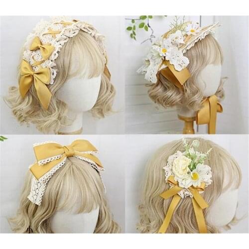 Mori Girl Lolita Handmade Straw Hat Flower Bow Hairpin Headband KC Hair Accessories D291