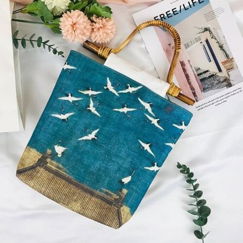 Original linen cotton inkjet double-sided mythological bamboo handbag college students antique retro literary myth printing bag