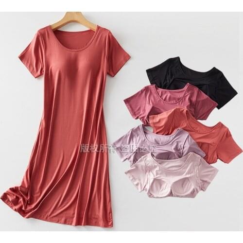 Pajamas with breast pads, women can wear mid-length homewear, pajamas, short-sleeved dresses, no bra, underwear, cups