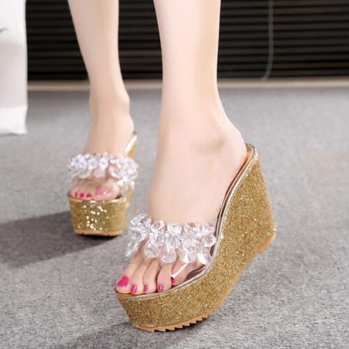 Transparent crystal slippers women summer sandals women high heels platform slippers open toe wedge slippers women gold