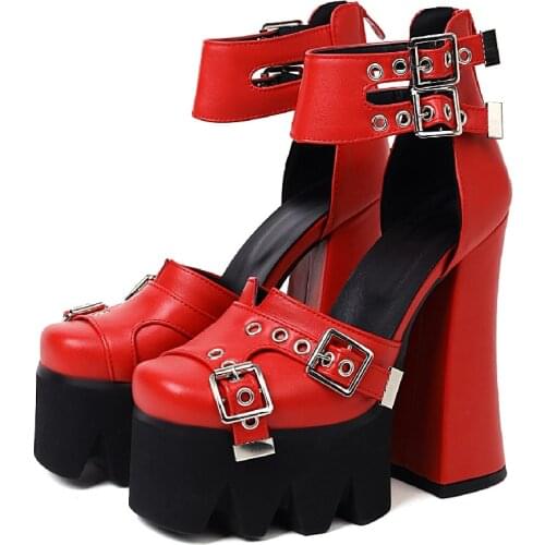 Fashion Summer Womens Sandals Shoes Platform Punk High heels Sandals Ladies Party Shoes Large Size Straps Buckle Red Shoes