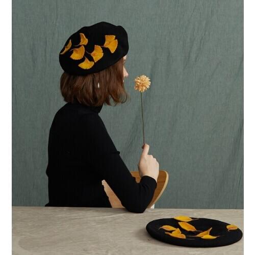 Handmade Wool Felt Ginkgo Leaf Autumn And Winter Woolen Versatile Painter Cap Black Versatile Creative Gift Hat