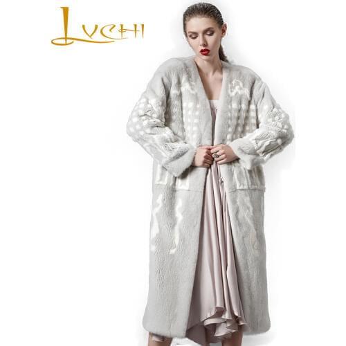 LVCHI Winter 2019 Import Mink Coats Womens V-Neck Long Sleeve Coat Full Pelt Pleated Real Natural Fur X-Long Causal Mink Coats