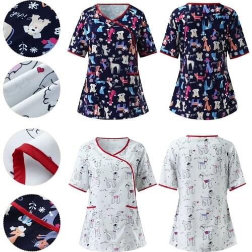 Scrubs Women Animal Printed Nurse Accessories Clothing Nurse Uniform Short Sleeve V-neck Pocket Top blouse infirmière médical q5
