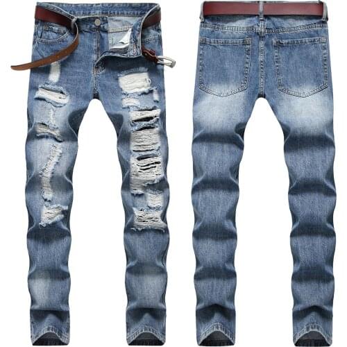 2021 High Quality Men’s Slim-fit Blue Jeans,White-washed Ripped Jeans,Classic Style Casual Denim Pants,Youth Fashion Must