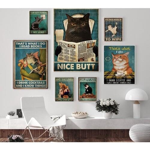 Funny Mental Black And White Cat Canvas Painting Wall Art Vintage Nice Butt Poster Poster Print Pictures For Bathroom Home Decor