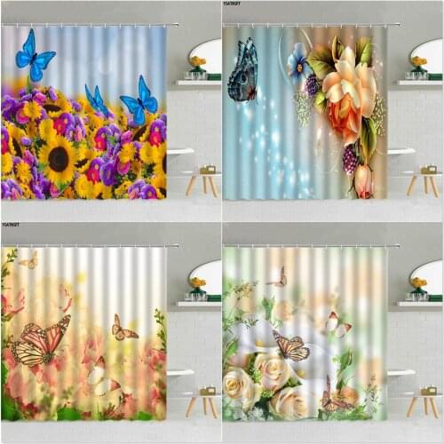 Dream Flower Butterfly Shower Curtain Sunflower Rose Piano Keyboard Green Leaf Fabric Bathroom Decor Supplies Hanging Curtains