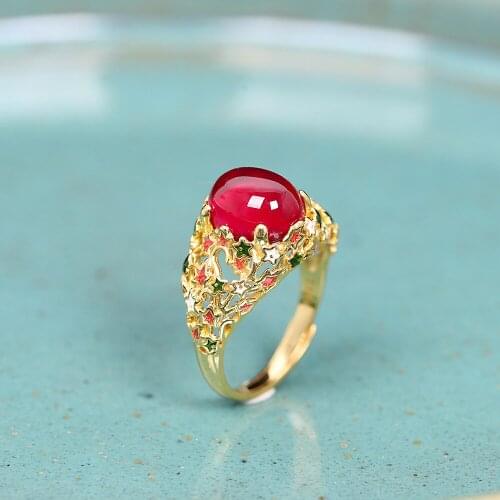New Ethnic Style Jewelry S925 Silver Jewelry Enamel Red Corundum Ring Open Female Ring
