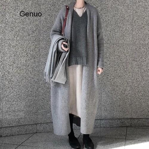 Genuo Cardigans Women Long Sleeve Oversize Winter Casual Long Cardigan Women Cashmere Solid Knit Warm Cardigan Female Korean