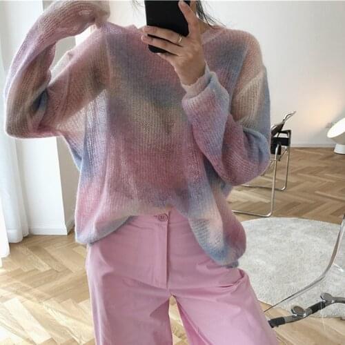 2020 Thin Mohair Sweater Women Loose Casual Pullovers Female Sweater Spring Autumn Korea Sweet Elegant Sweater Perspective Tops